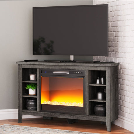 Wood TV stand with fireplace