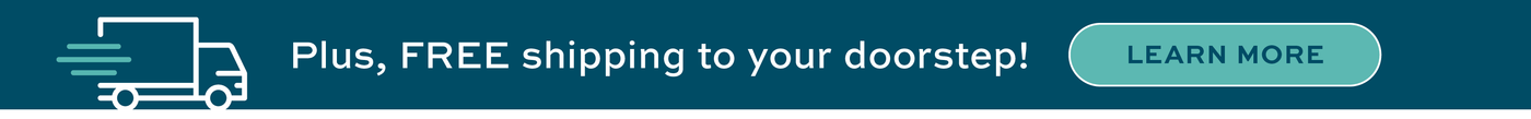 Promotional banner with a truck icon, 'Plus, FREE shipping to your doorstep!' text, and a 'LEARN MORE' button.
