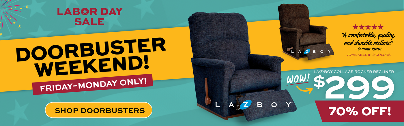 Labor Day sale DoorBusters weekend Friday thru Monday! banner. Lazboy recliner chair advertisement with Labor Day sale text and $299 pricing on a colorful background.