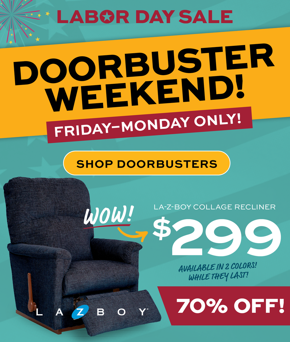 Labor Day sale DoorBusters weekend Friday thru Monday! banner. Lazboy recliner chair advertisement with Labor Day sale text and $299 pricing on a colorful background.
