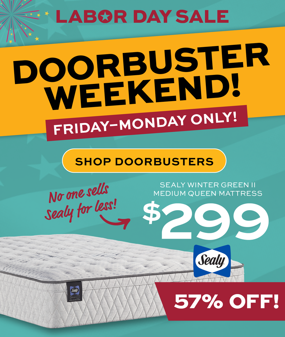 Labor Day sale DoorBusters weekend Friday thru Monday! banner. Sealy Mattress for $299 on a colorful background.