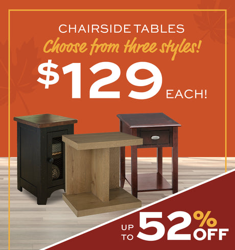 Advertisement for chairside tables with three table options at $129 each on an orange background.