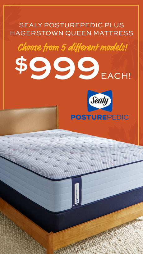Advertisement for Sealy Posturepedic Plus Hagerstown Queen mattress choose from 5 different models for $999 each with a bed and orange background.