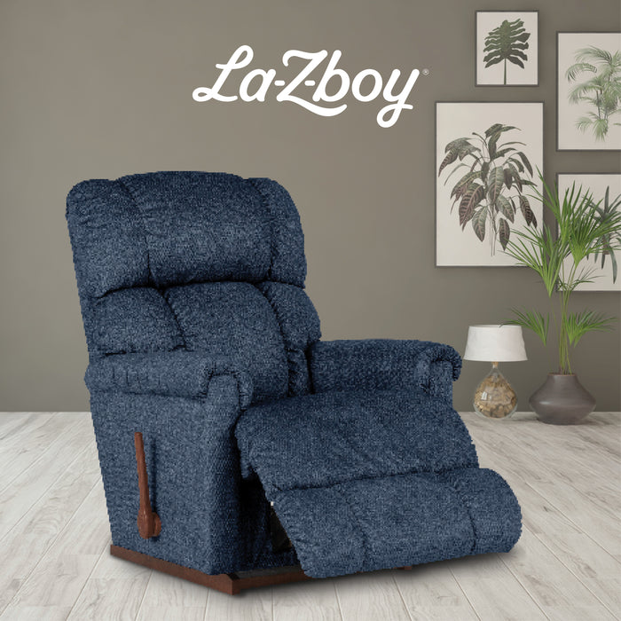 Blue recliner chair with 'La-Z-Boy' branding in a room setting.
