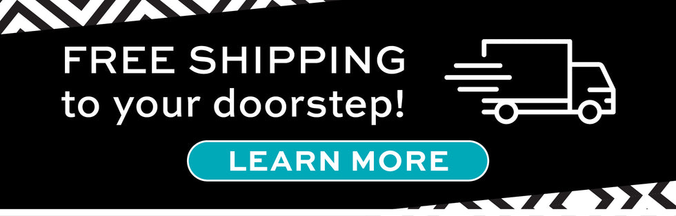Promotional banner with free shipping text and a truck icon on a black background.