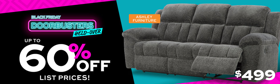 $499 Gray sofa with Black Friday Doorbusters Held Over up to 60% off List Prices! sale text on a colorful background.