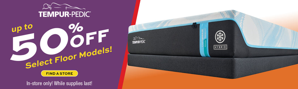 Tempur-Pedic mattress with Up to 50% off Select Floor Models! In store only while supplies last; on a purple background