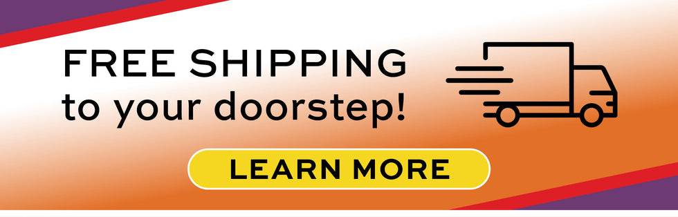 Promotional banner with free shipping to your doorstep text and truck icon on a colorful background
