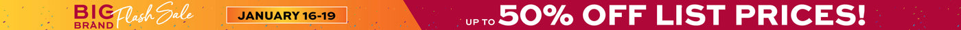 Promotional banner with 'Big Brand Flash Sale January 16-19 - Plus up to 50% off list prices' text on a colorful background.
