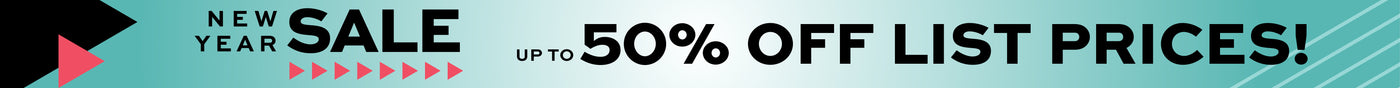 Promotional banner for a New Year sale with up to 50% off list prices on a black and teal background.
