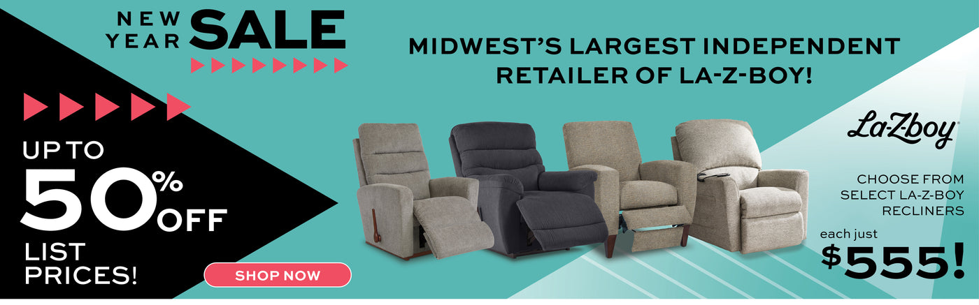 Advertisement for La-Z-Boy recliners with promotional text on a blue and white background. Up to 50% off List Prices! Midwest's largest independent retailer of la-z-boy. Choose from select La-z-boy recliners each just $555!