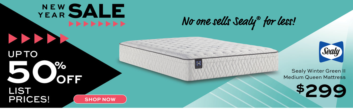 Promotional advertisement for Sealy Winter Green Medium Queen Mattress for $299 on a blue and black background. New Years Sale up to 50% off List Prices.