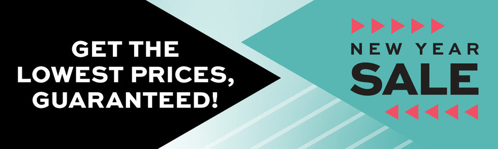 Promotional banner for a New Year sale Get the lowest prices, guaranteed on a black and teal background.