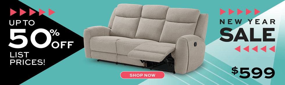 Promotional banner for a New Year sale with up to 50% off list prices on a black and teal background.