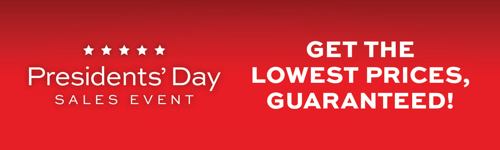 Promotional banner for Presidents' Day sales event "Get the lowest prices, guaranteed!" on a red background