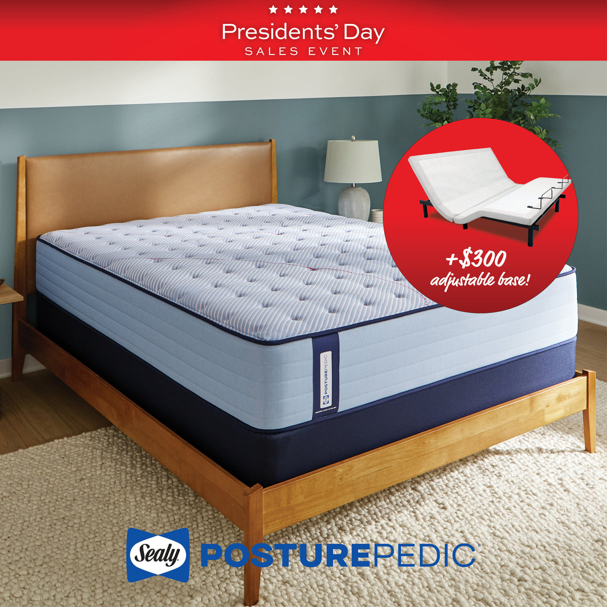 Sealy PosturePedic mattress with adjustable base on a wooden bed frame, featuring a 'Presidents' Day Sales Event' banner.
