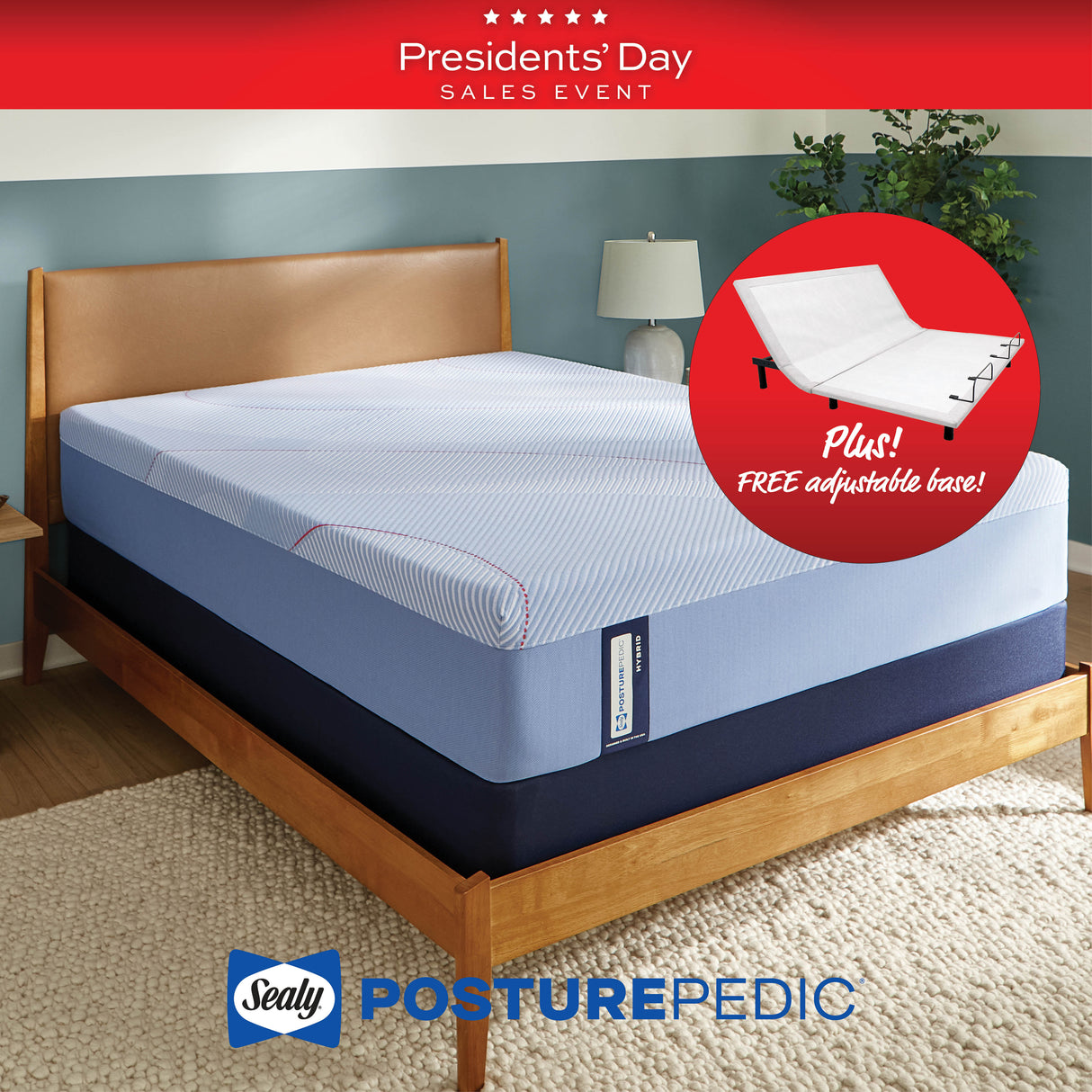 Sealy PosturePedic mattress on a bed with a free adjustable base offer during Presidents' Day sales event.