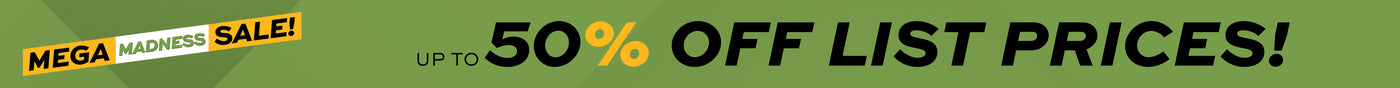 Promotional banner with text 'MEGA MADNESS SALE! Up to 50% off list prices!' on a green background.