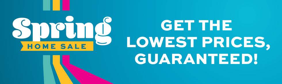 Spring home sale banner with colorful design and "Get the lowest prices, guaranteed!" text on a blue background