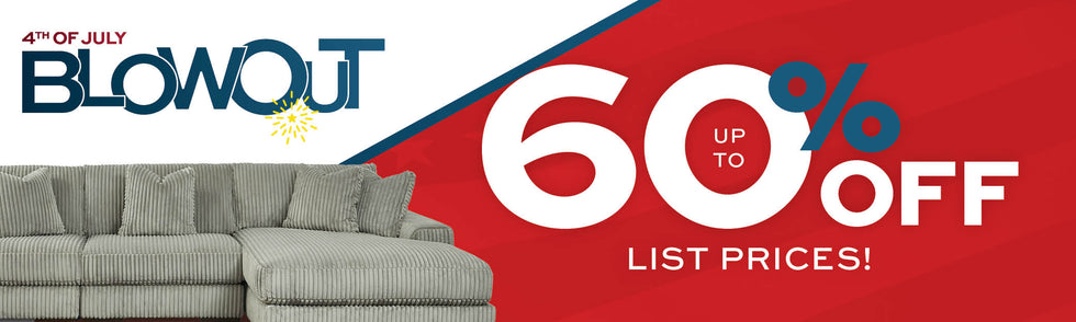 Promotional banner for a 4th of July Blowout sale with a couch and 60% off text.