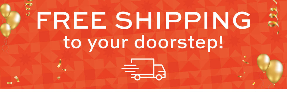Promotional banner with 'Free Shipping to your doorstep!' text on an orange background with geometric patterns and balloons.