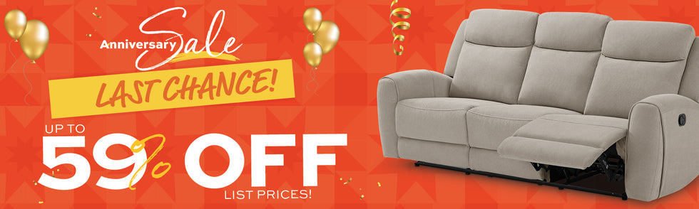 Gray sofa on an orange background with anniversary sale text and graphics