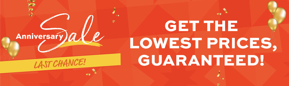 Promotional banner for an anniversary sale with text and gold balloons on a red background.
