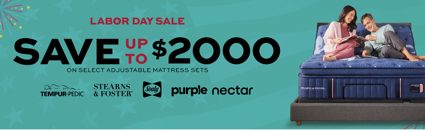 Advertisement for Labor Day sale on adjustable mattress sets with people on a mattress.