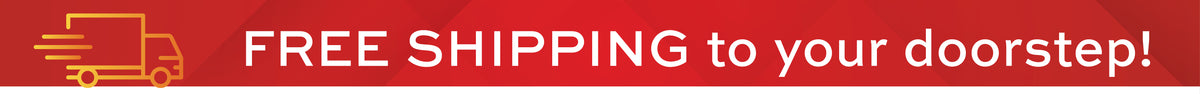 A red banner with a yellow delivery truck icon on the left and the text 'FREE SHIPPING to your doorstep!' in white.