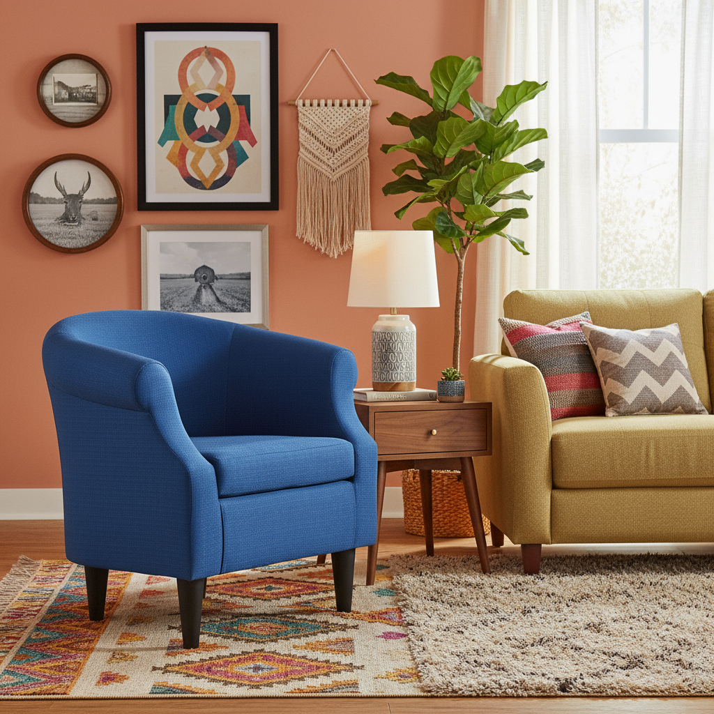 Living room with blue armchair, yellow sofa, and decorative elements.