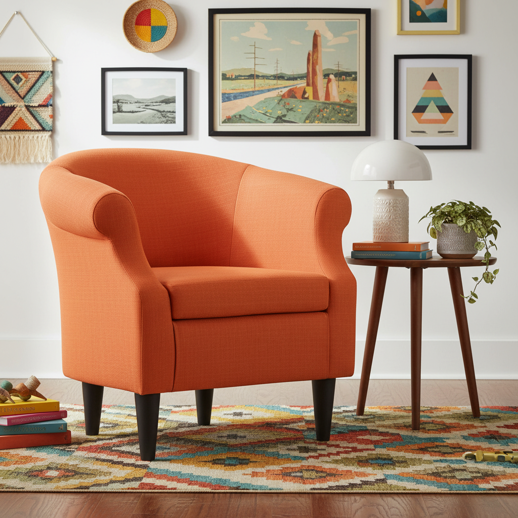 Orange armchair in a room with a colorful rug, side table, and framed artwork on the wall.