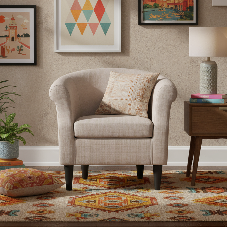 Beige armchair with a patterned pillow in a living room setting.