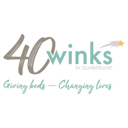 Logo of 40 Winks by Slumberland with a tagline 'Giving beds - Changing lives' on a white background.