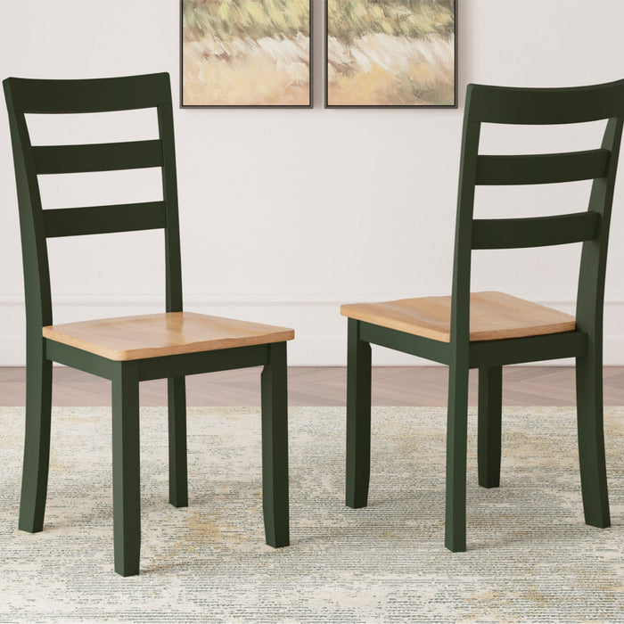 Two green chairs with wooden seats on a carpeted floor.