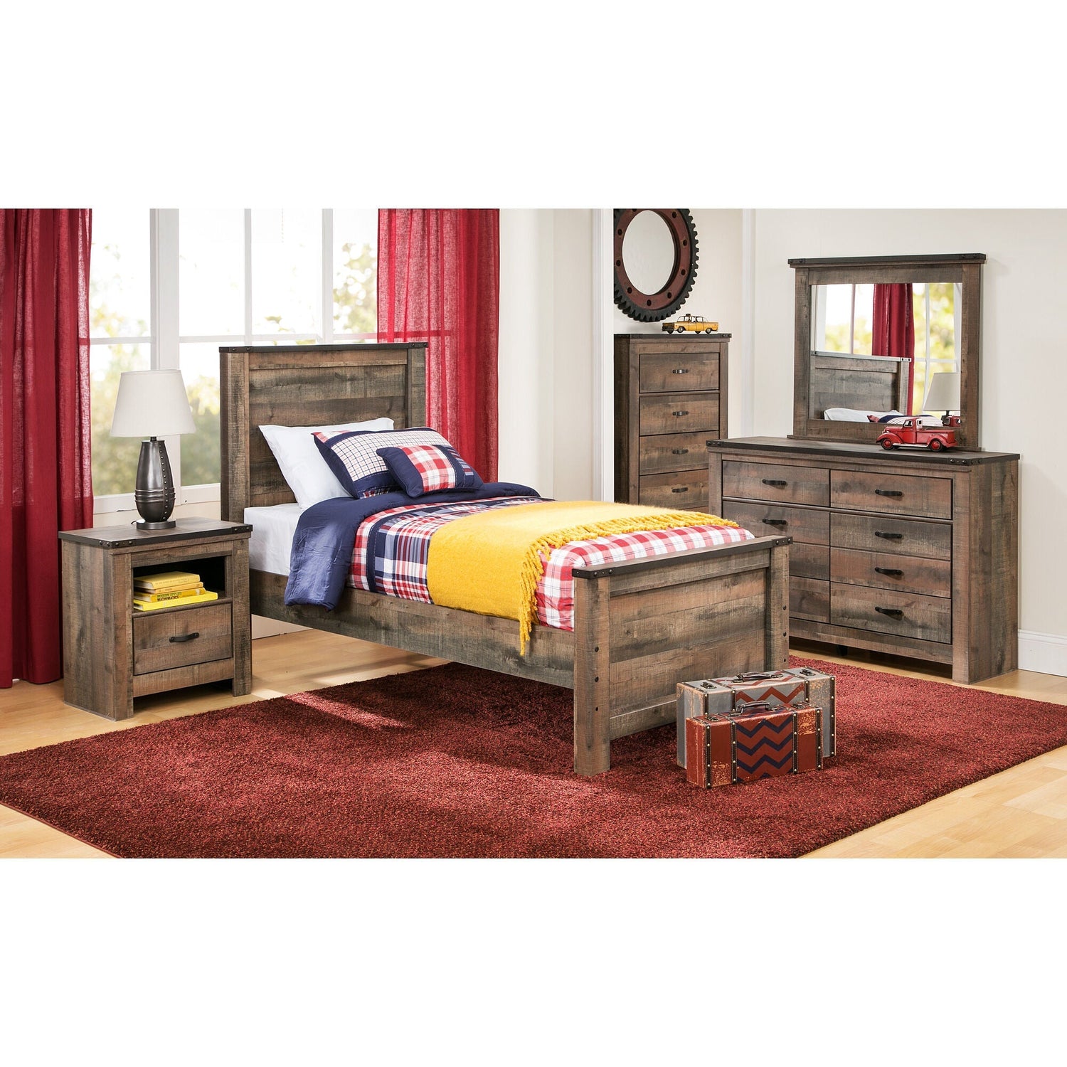 A room setting featuring Trinell Rustic Plank Twin Panel Bed