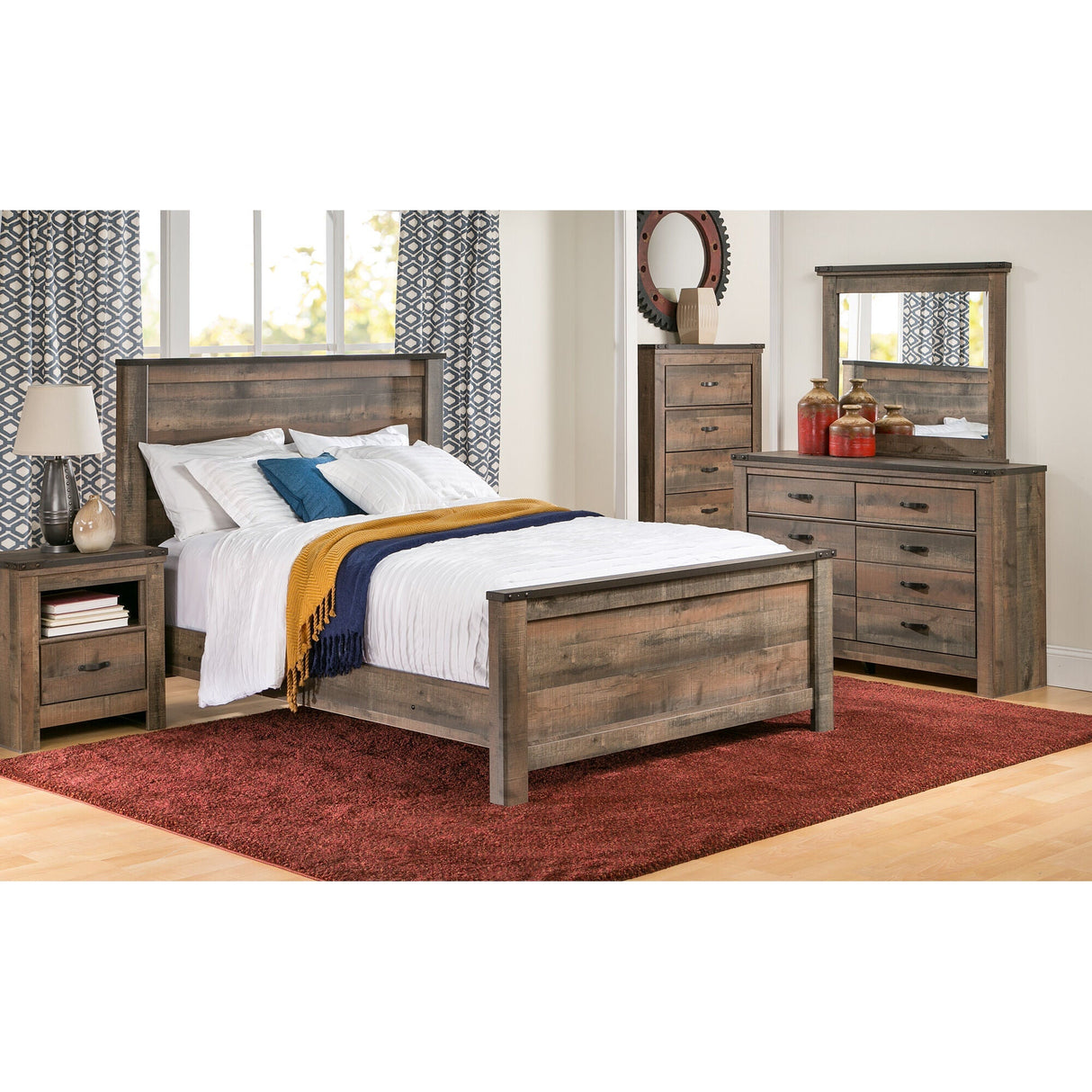 A room setting featuring Trinell Rustic Plank Full Panel Bed