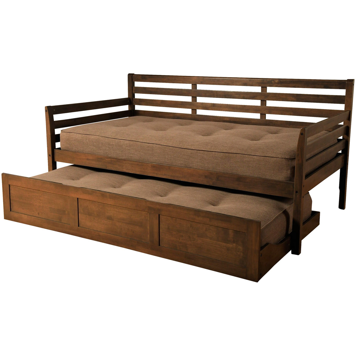 Front left view of Boho Rustic Walnut Daybed with Trundle