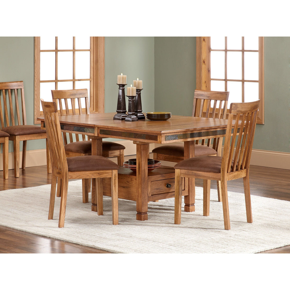 A room setting featuring Sedona Rustic Oak 5 Piece Dining Set