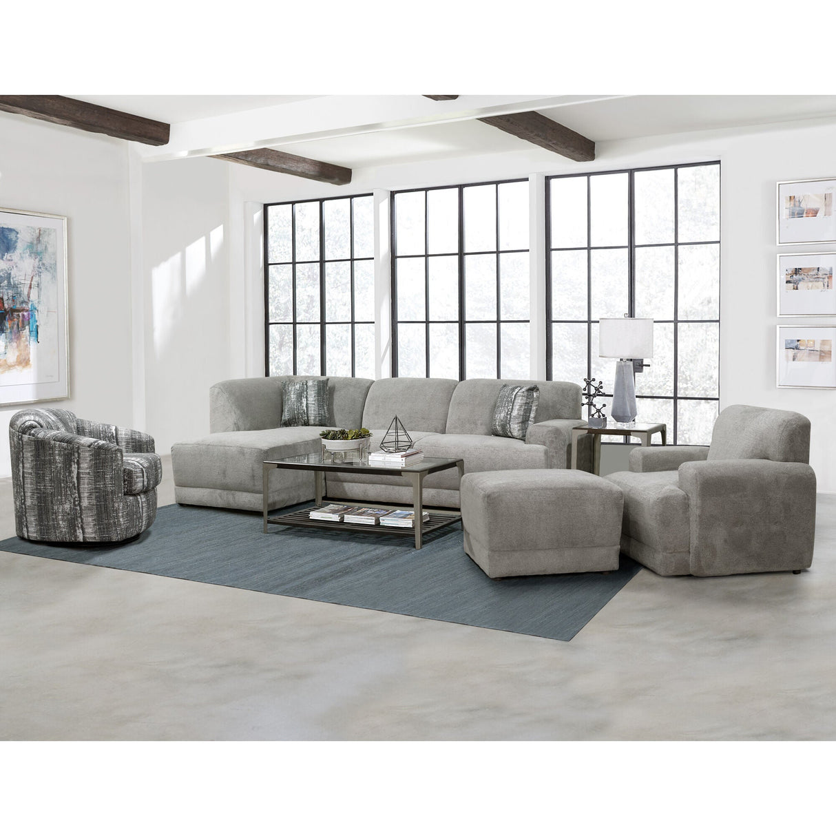 A room setting featuring Delvin Gray 2 Piece Left Chaise Sofa