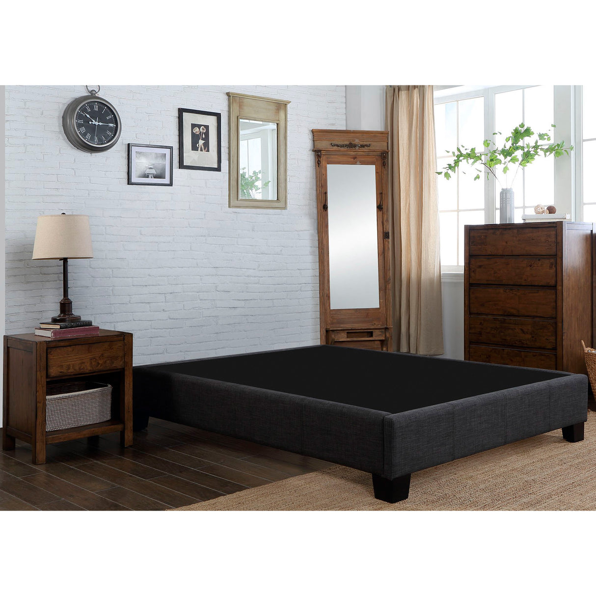 A room setting featuring Modern Dark Gray King Upholstered Frame