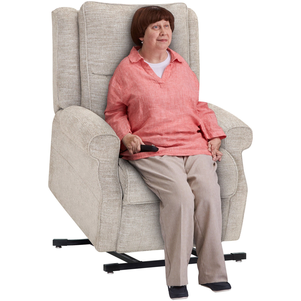 Second view of Emerald Linen Lift Chair Recliner featuring a model