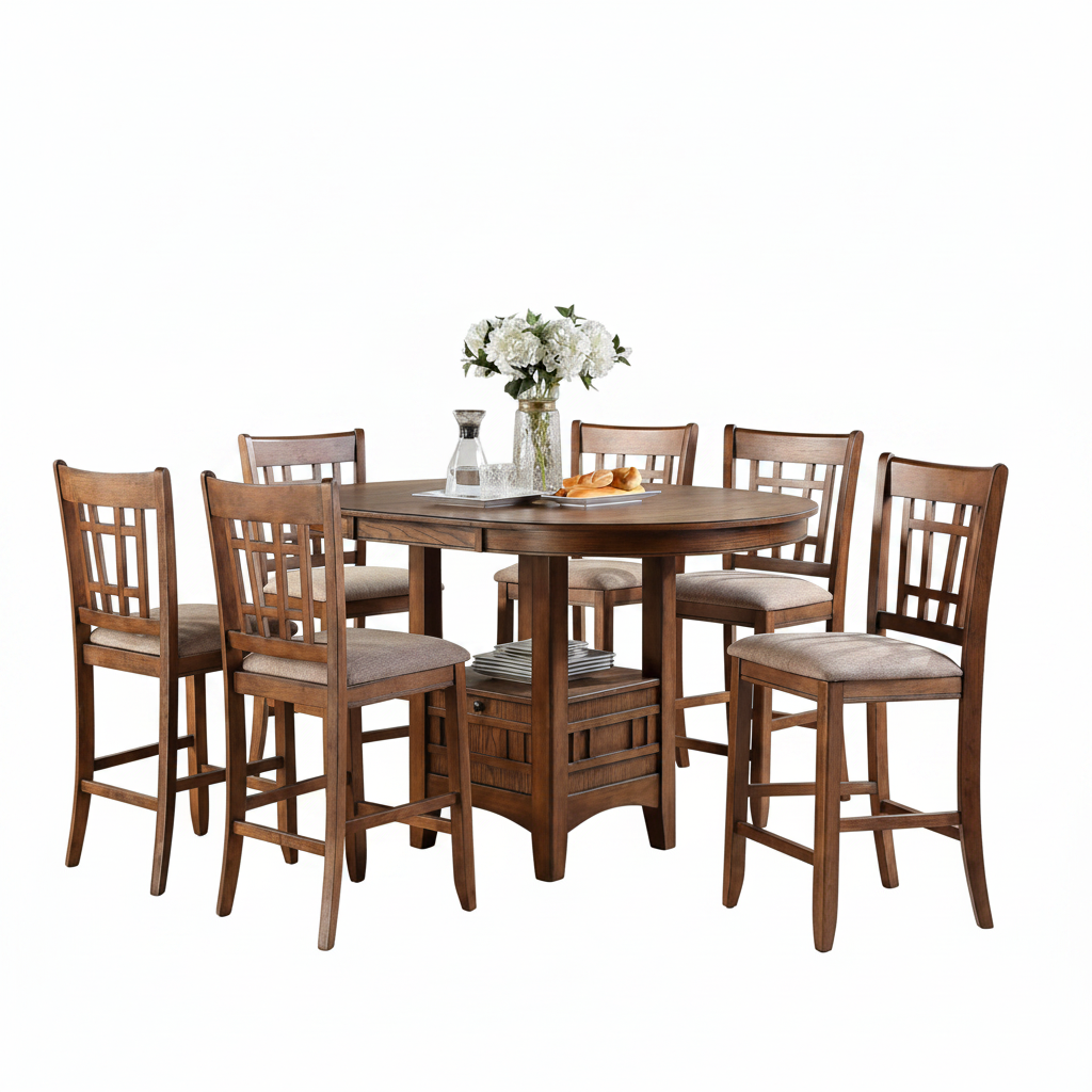 A 7-piece wooden dining set featuring a round extendable table and six matching bar-height stools with upholstered seats, shown on a plain white background.
