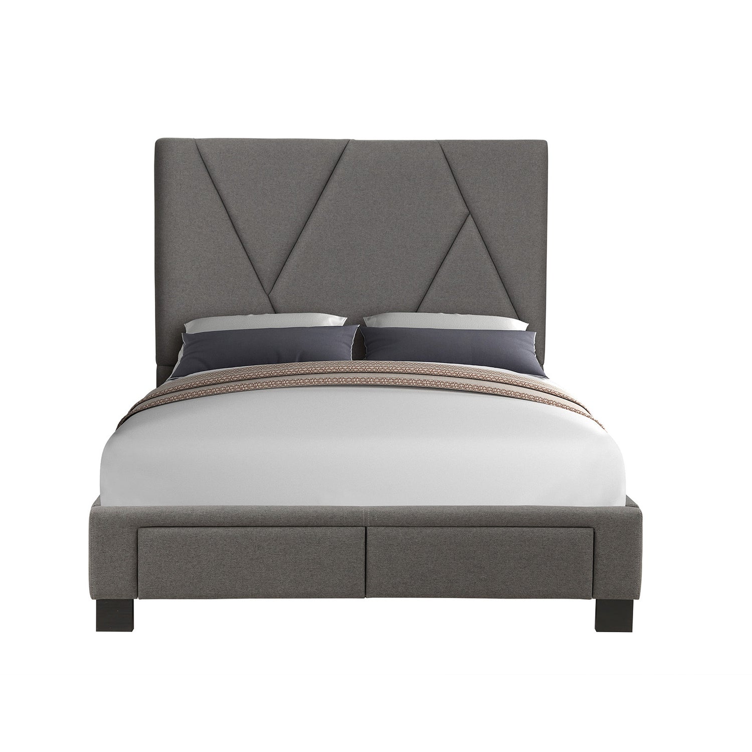 Gray upholstered bed with a white mattress and gray pillows on a white background