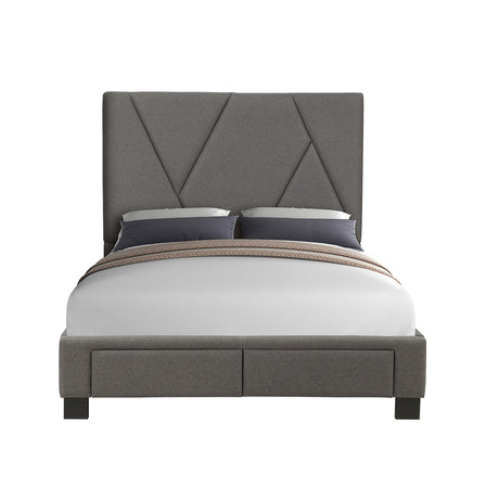 Gray upholstered bed with a white mattress and gray pillows on a white background