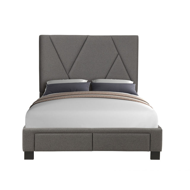 Gray upholstered bed with a white mattress and gray pillows on a white background