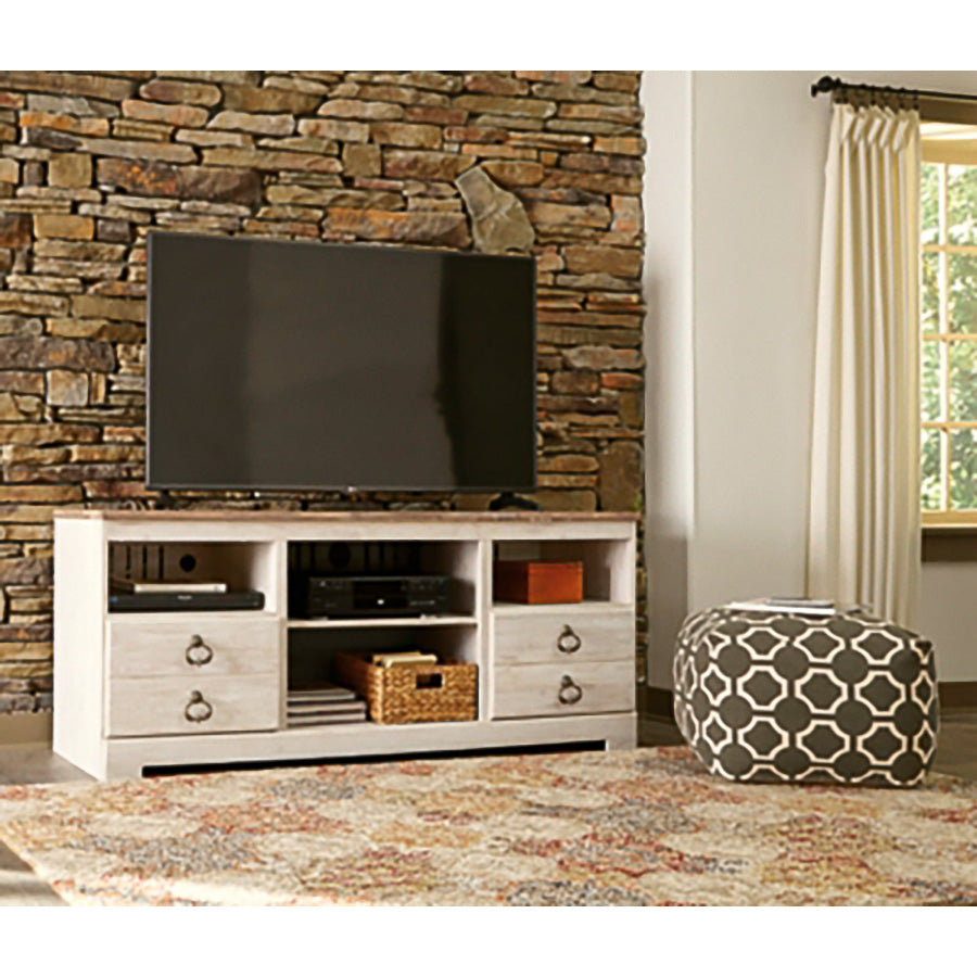 A room setting featuring Willowton White 64 Inch TV Stand