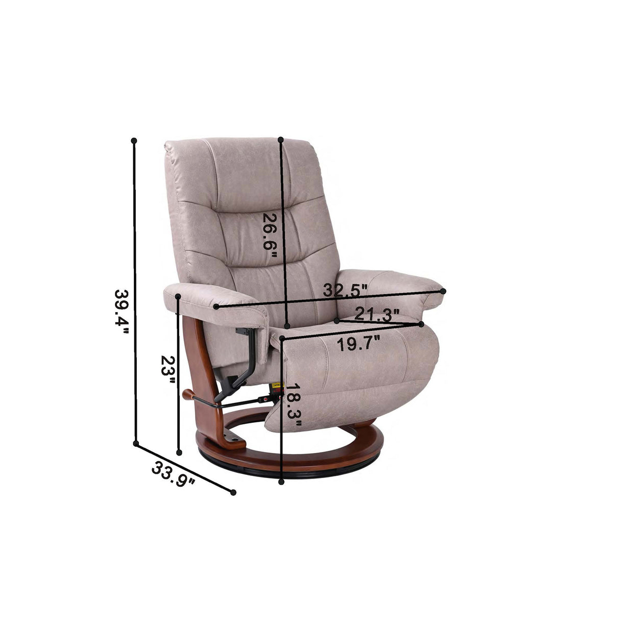 Detail image of Valencia Light Gray Swivel Recliner with Flip Up Footrest with overlay of product dimensions