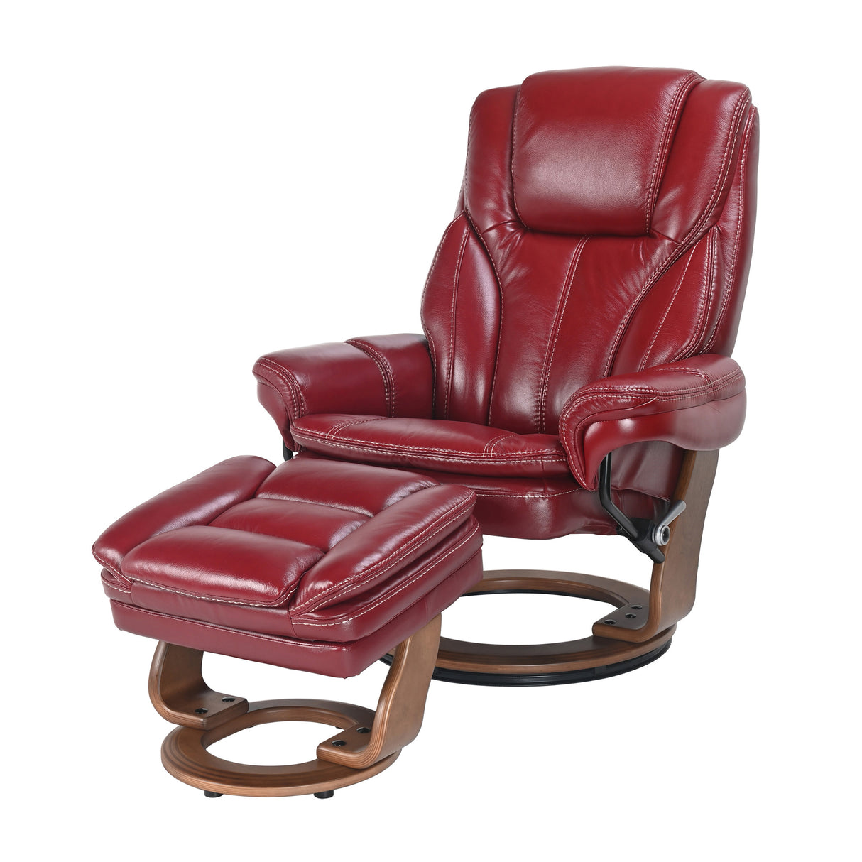 Front left view of Hana Red Ruby Recliner with Ottoman