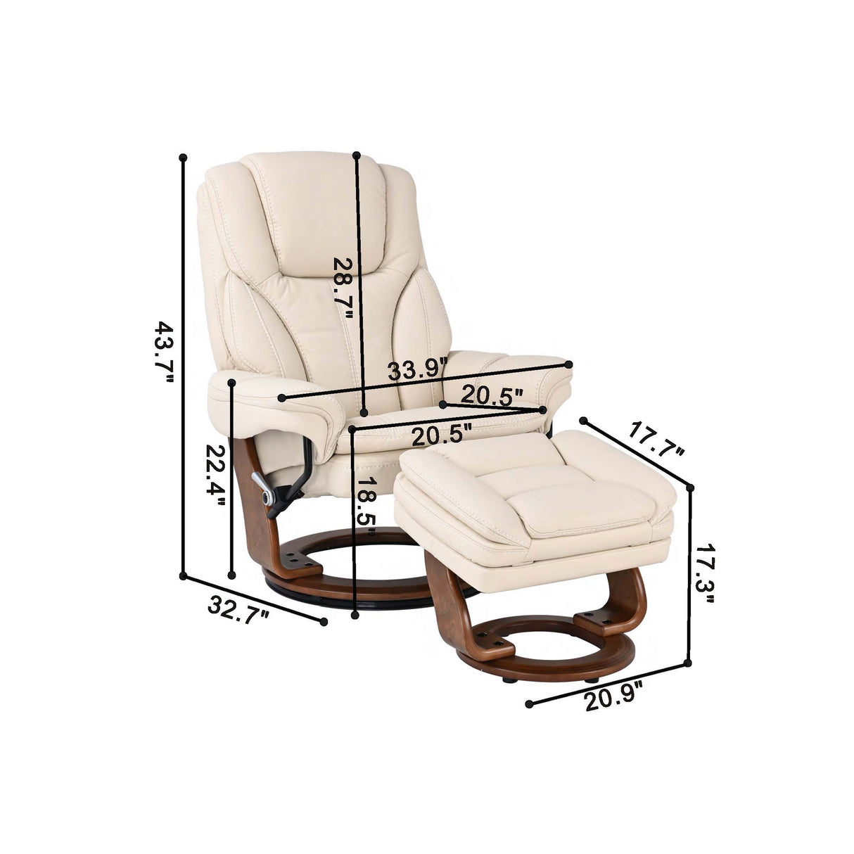 Detail image of Hana White Recliner with Ottoman with overlay of product dimensions