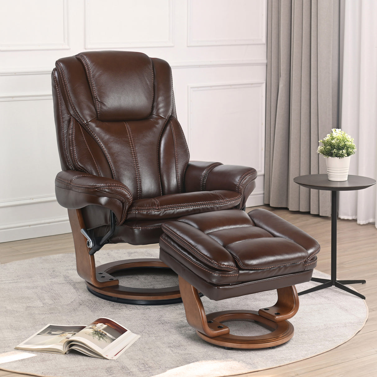 A room setting featuring Hana Brown Recliner with Ottoman